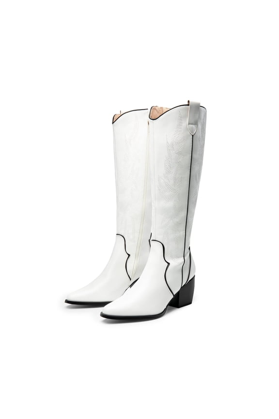 Womens Cowboy Boots Chunky Heel Pointed Toe Embroidered Western Cowgirl Knee High Boots White/Pu Size 7.5