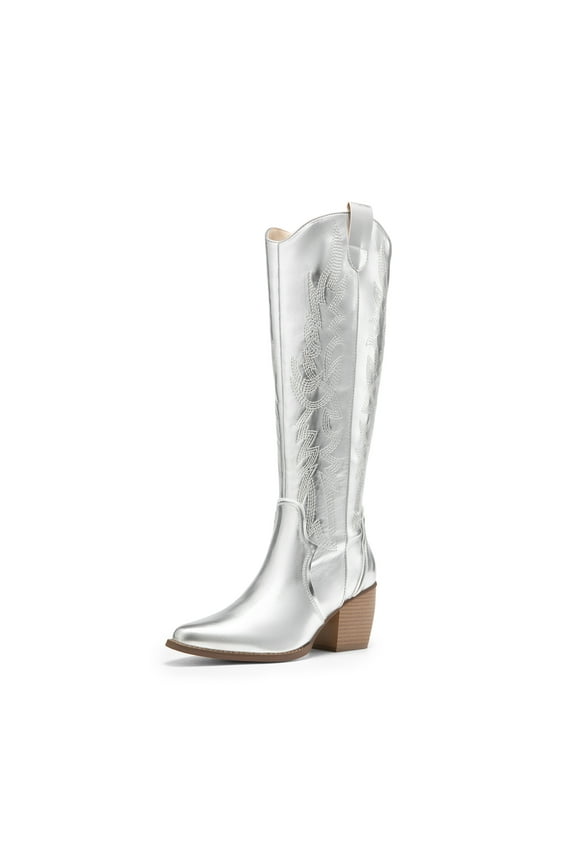 Womens Cowboy Boots Chunky Heel Pointed Toe Embroidered Western Cowgirl Knee High Boots