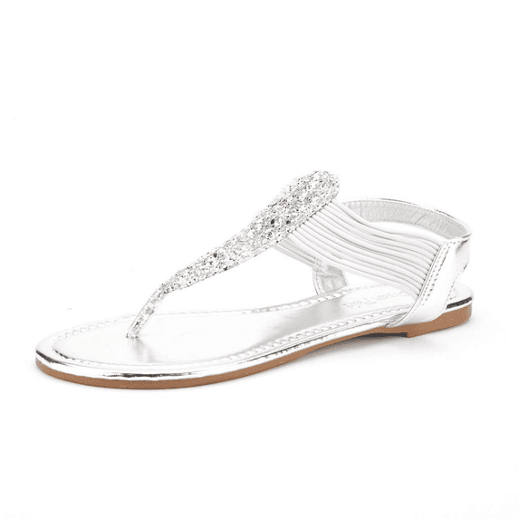 Dream Pairs Womens Flat Sandals Fashion Rhinestone T Strap Thong With Ankle Strap Summers Sandals for Women Spparkly Silver 7.5