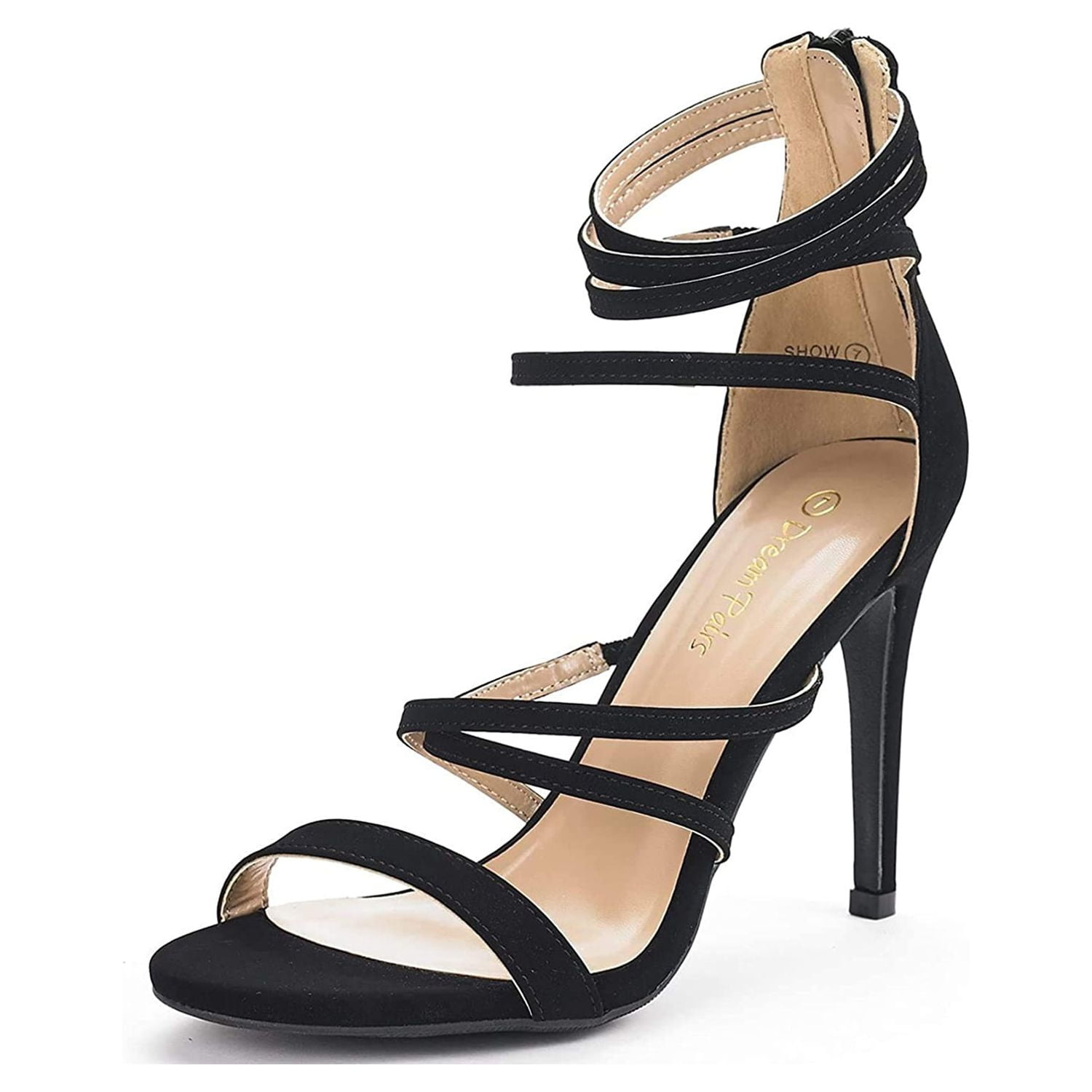 Pairs Heeled Strappy Sandals Dress Shoes Open Toe Ankle Back Sandals SHOW BLACK/NUBUCK Size 9.5 - Walmart.com