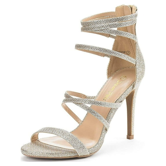 Dream Pairs Womens Heeled Strappy Sandals Dress Shoes Open Toe Ankle Back Zipper Sandals SHOW GOLD/GLITTER Size 8.5