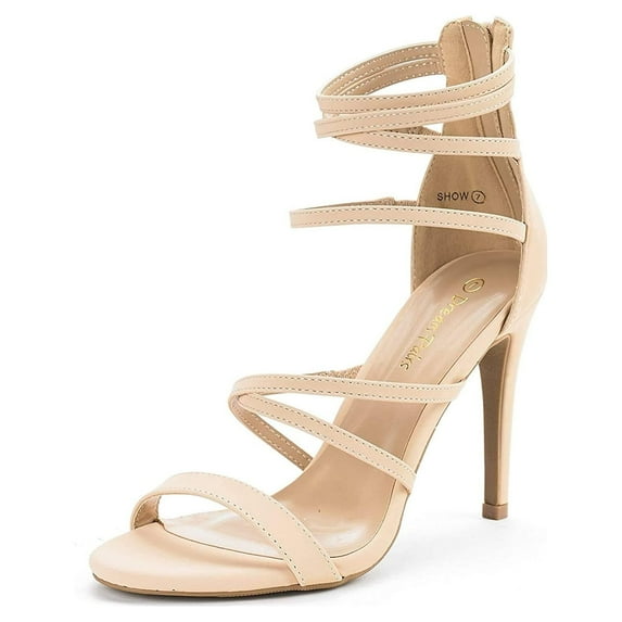 Dream Pairs Womens Heeled Strappy Sandals Dress Shoes Open Toe Ankle Back Zipper Sandals SHOW NUDE/NUBUCK Size 8.5