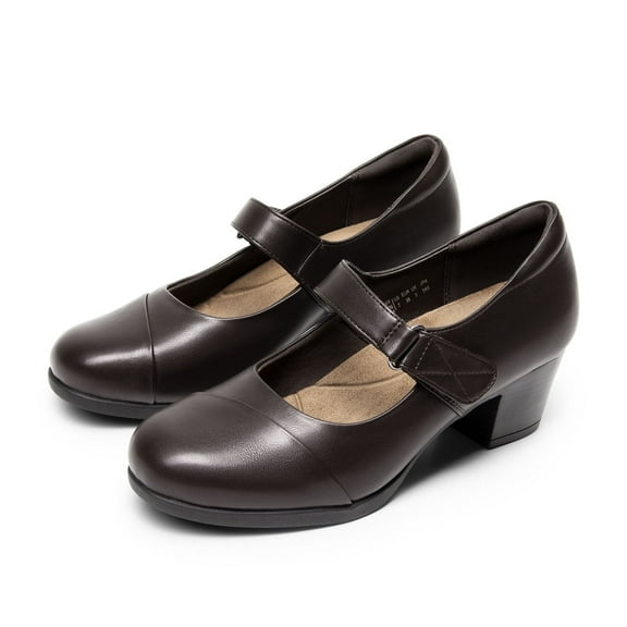 Dream Pairs Womens Low Block Heel Mary Janes Pump Shoes Arch Support Round Toe Slip On Dress Work Wedding Shoes BROWN Size 9