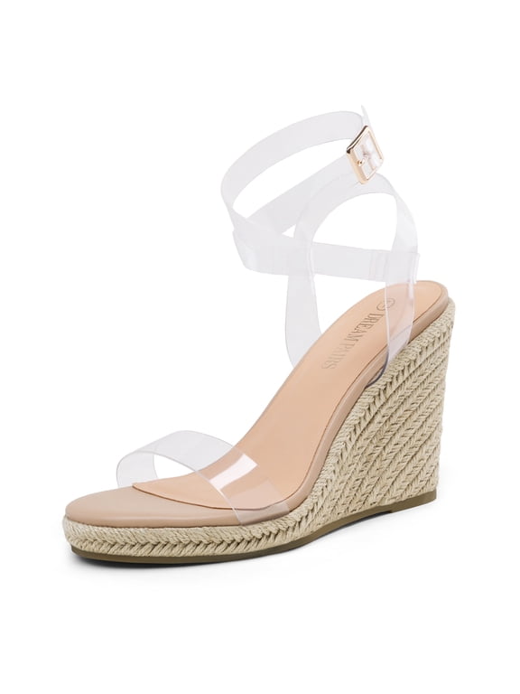 Womens Open Toe Espadrilles Dressy Platform Sandals Buckle Ankle Strap Stylish Wedges Sandals SDPW2211W CLEAR/NUDE/PU Size 10