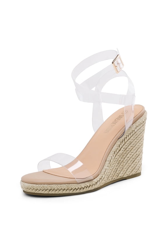 Womens Open Toe Espadrilles Dressy Platform Sandals Buckle Ankle Strap Stylish Wedges Sandals SDPW2211W CLEAR/NUDE/PU Size 8.5