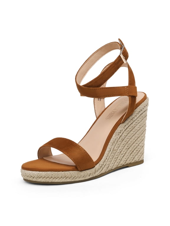Womens Open Toe Espadrilles Dressy Platform Sandals Buckle Ankle Strap Stylish Wedges Sandals SDPW2211W TAN/SUEDE Size 8