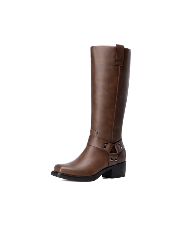 Womens Square Toe Pull-On Knee-High Riding Boots with Low Block Heel