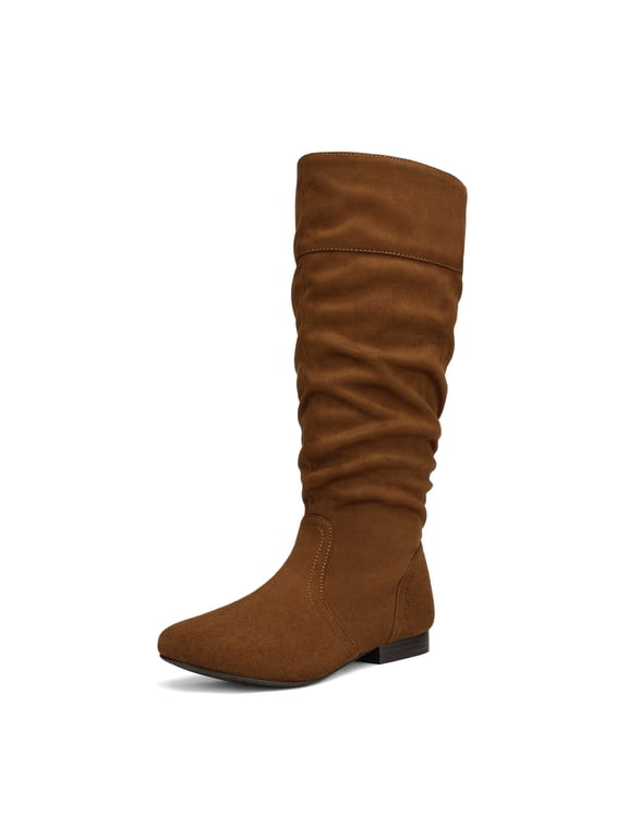 Womens Wide Calf Faux Fur Slouchy Low Heel Side Zip Knee High Boots Wide Calf