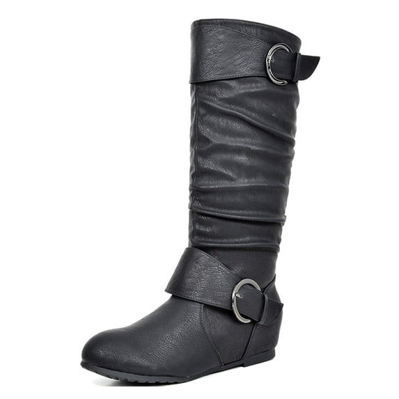 Dream Pairs Womens Wide-Calf Knee High Low Hidden Wedge Slouch Buckle Boots Ura Black Size 8.5