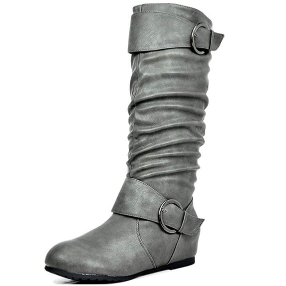 Dream Pairs Womens Wide-Calf Knee High Low Hidden Wedge Slouch Buckle Boots Ura Grey Size 8