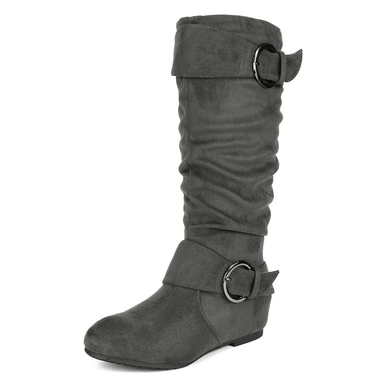 Dream Pairs Womens Wide Calf Knee High Low Hidden Wedge Slouch Buckle Boots Ura Grey Suede Size 5.5