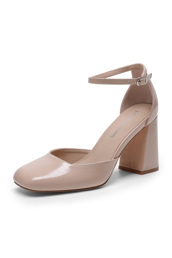 Womens closed toe Adjustable Ankle Strap block heel pump shoes