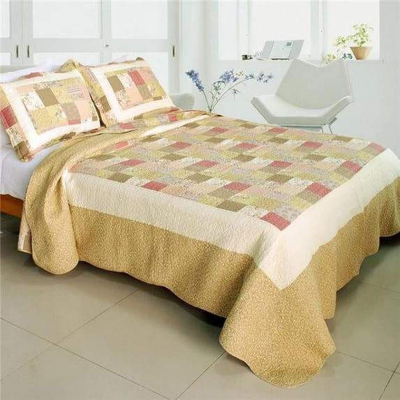 Dream Production - 100 Percent Cotton 3 Pieces Vermicelli-Quilted Patchwork Quilt Set Full & Queen Size - Brown