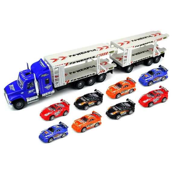 Dream Racer Trailer Children's Friction Toy Transporter Truck Ready To Run 1:32 Scale w/ 8 Toy Cars (Colors May Vary)