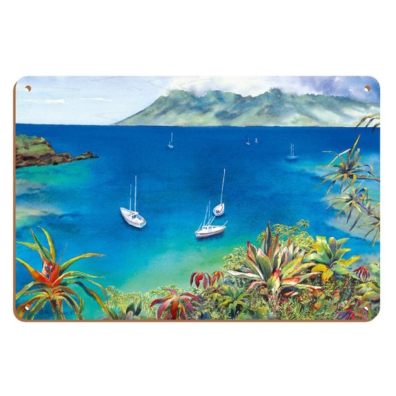 Dream Reef - Hawaiian Islands - Sailboats Anchored in Peaceful Bay - From an Original Hawaii Watercolor Painting by Peggy Chun - 8 x 12 inch Vintage Wood Art Sign