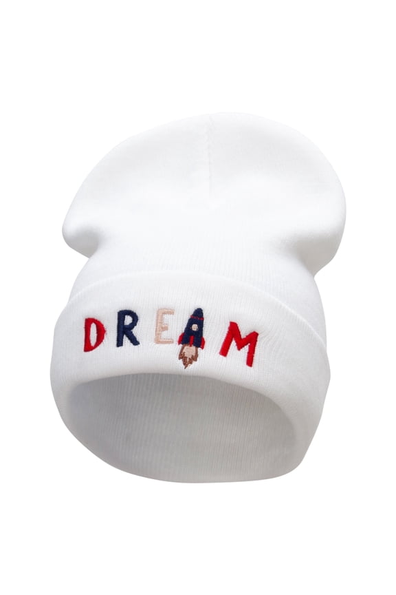 Dream Rocket Embroidered 12 Inch Long Knitted Beanie - White OSFM