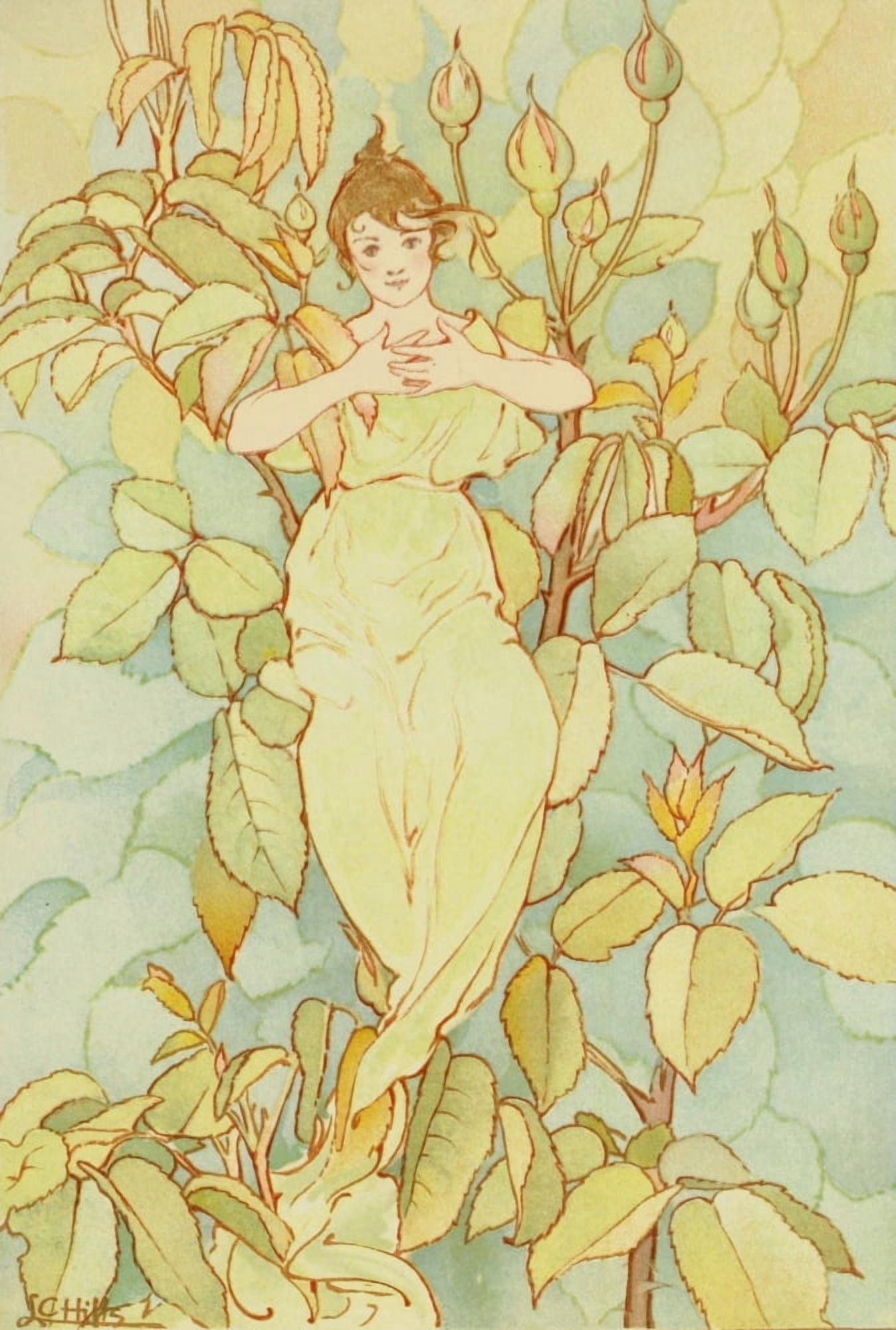Dream Roses 1897 Woman in green Canvas Art - Laura C Hills (24 x 36)