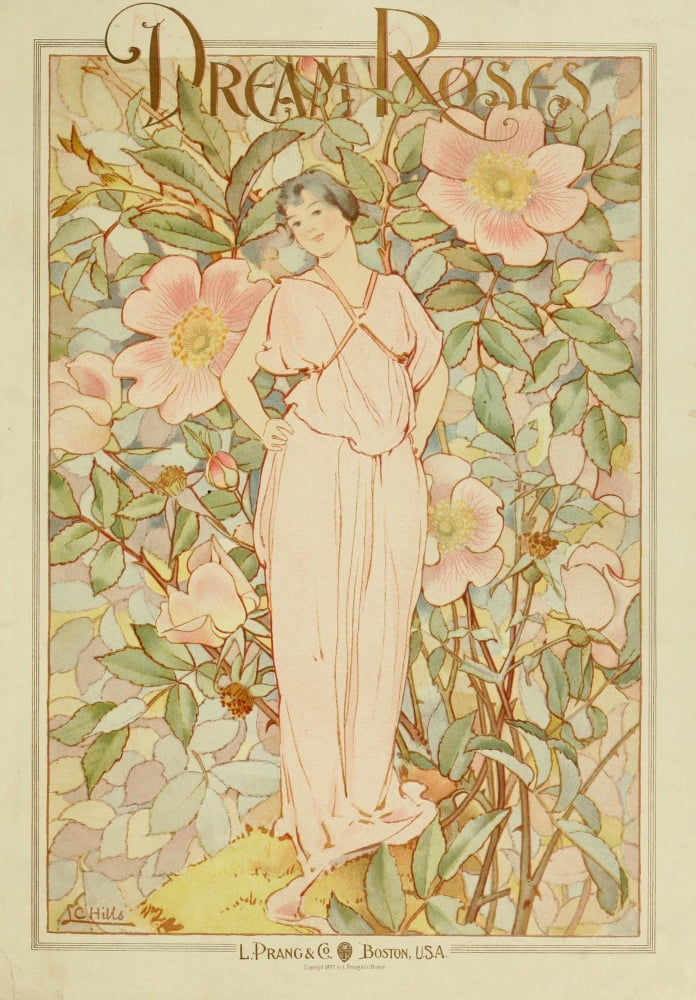 Dream Roses 1897 Woman in pink Canvas Art - Laura C Hills (24 x 36)