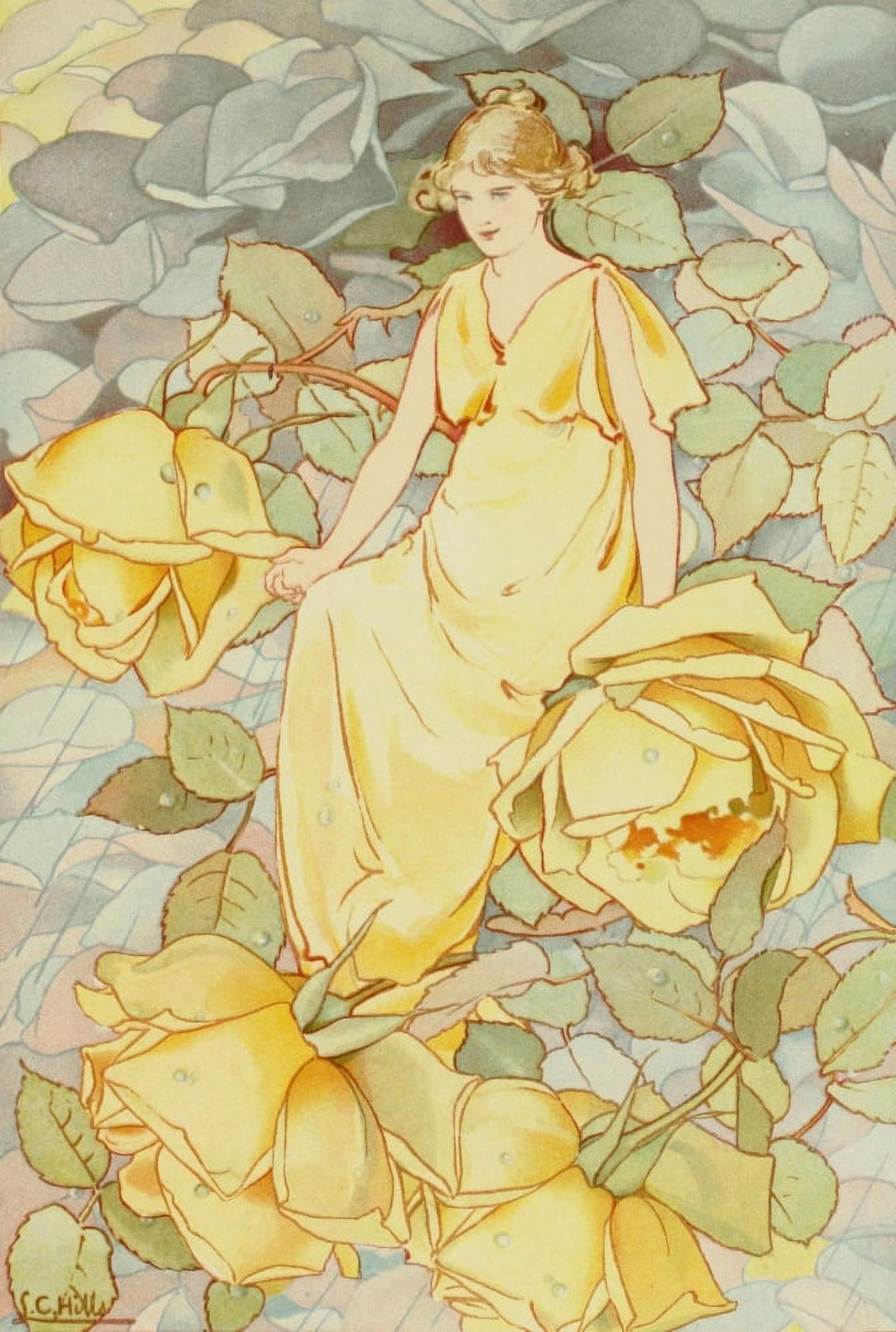 Dream Roses 1897 Woman in yellow Canvas Art - Laura C Hills (24 x 36)