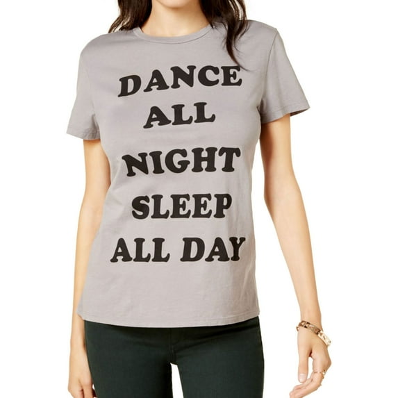 Dream Scene Womens Dance All Night Sleep All Day Graphic T-Shirt, Grey, Large