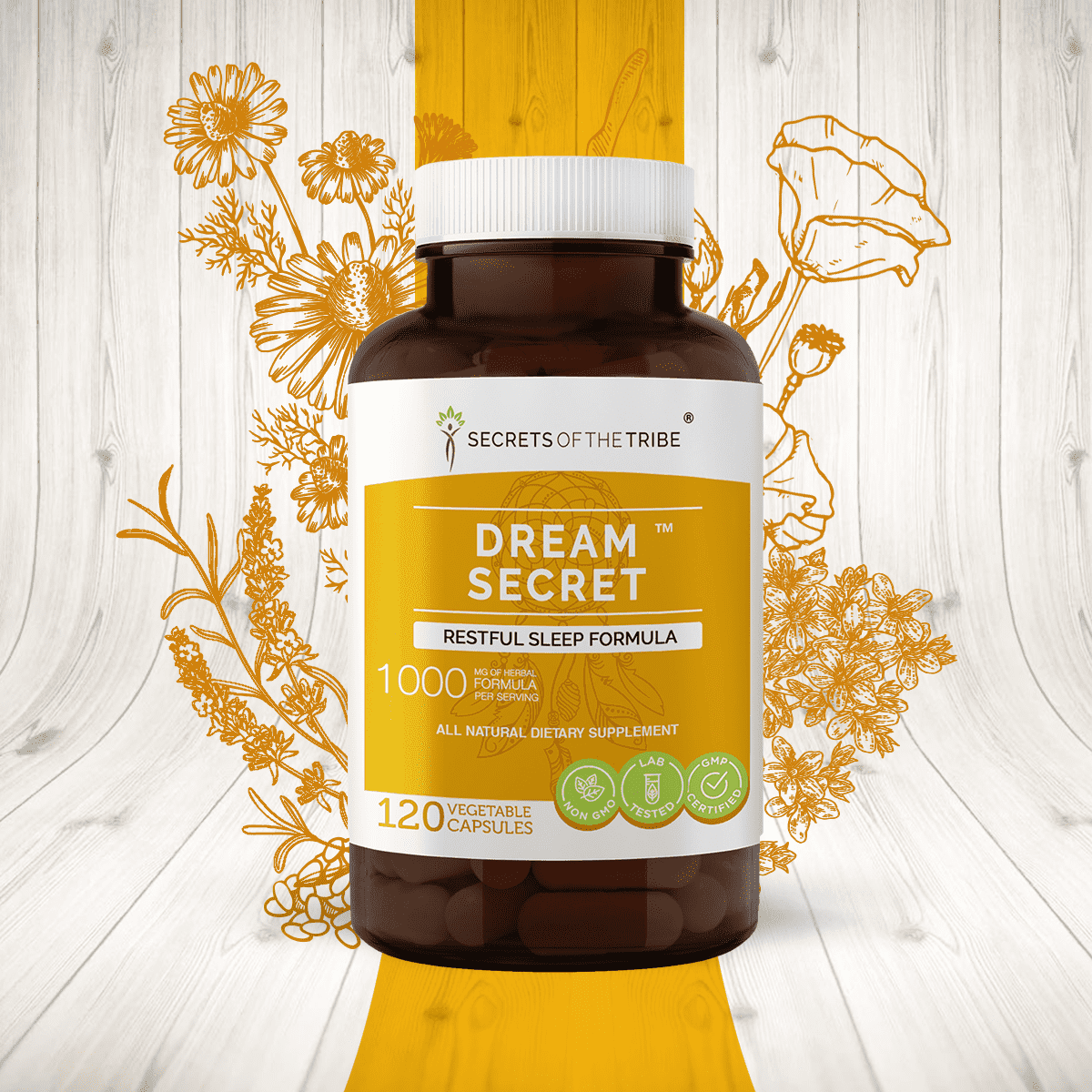 Secrets of the Tribe Dream Secret Capsules Dietary Supplement, Natural Herb Blend, Made from Valerian, Passionflower, Lavender, St. John's Wort, California Poppy, Chamomile 120 Count