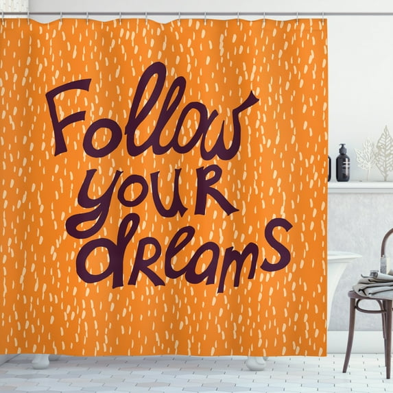 Dream Shower Curtain, Warm Colored Composition with Follow Your Dreams Phrase Abstract Backdrop, Fabric Bathroom Set with Hooks, 69"W X 75"L Long, Orange Plum and Cream, by Ambesonne