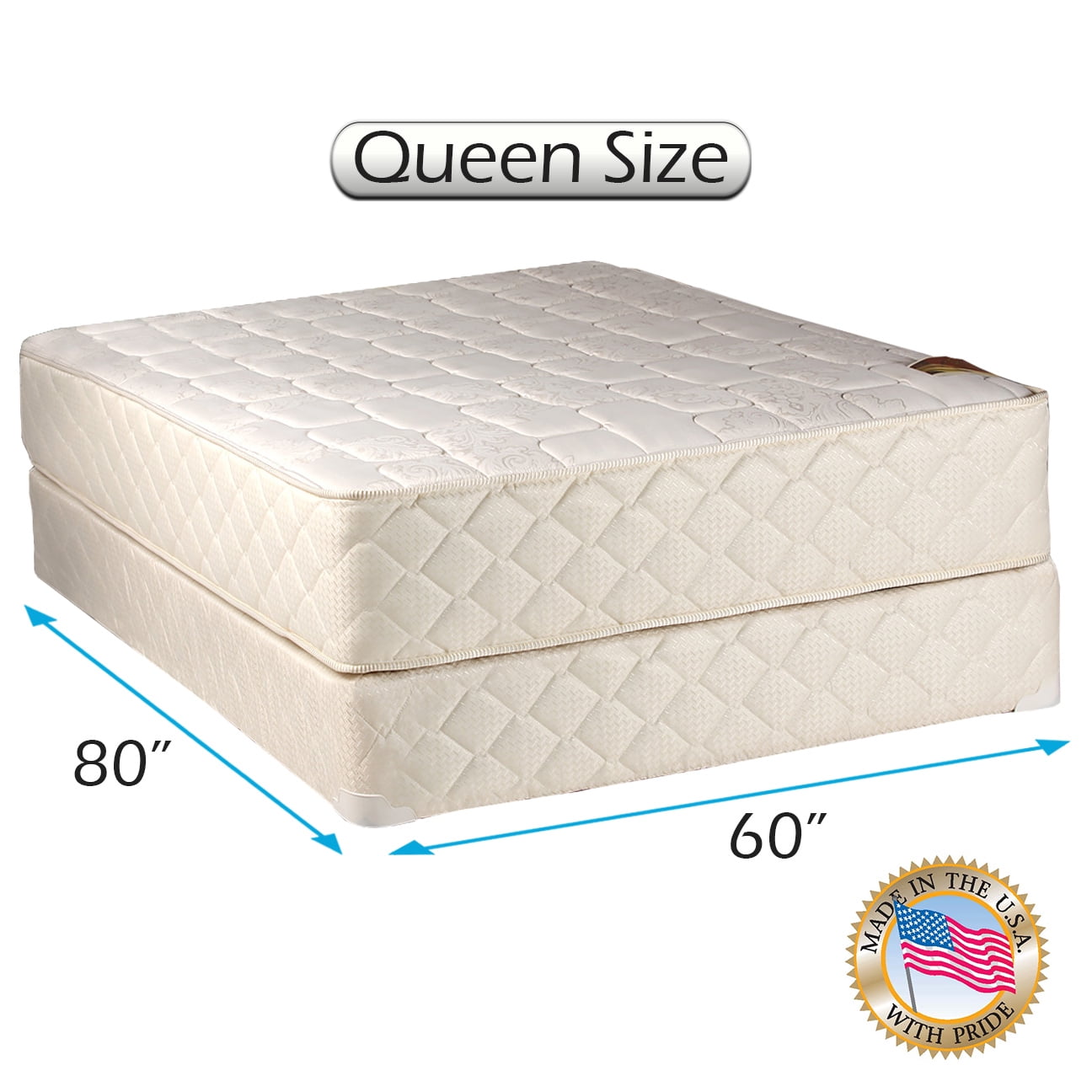 Dream Sleep Grandeur Deluxe 2-Sided Gentle Firm Mattress and Box Spring Set with Bed Frame Included - Spine Support, Orthopedic type, Luxury Height, Long Lasting Comfort (Queen 60"x80"x12")