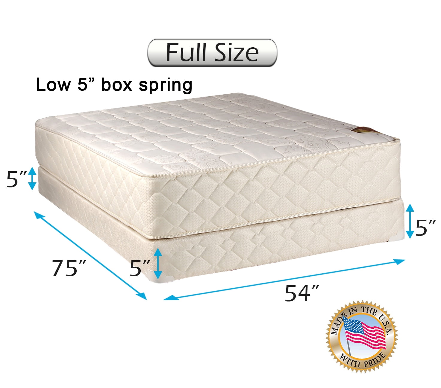 Dream Sleep Grandeur Deluxe Full Size Mattress and Low 5" Height Box Spring Set - Fully Assembled, Good for your back, Luxury Height, Longlasting and 2-Sided
