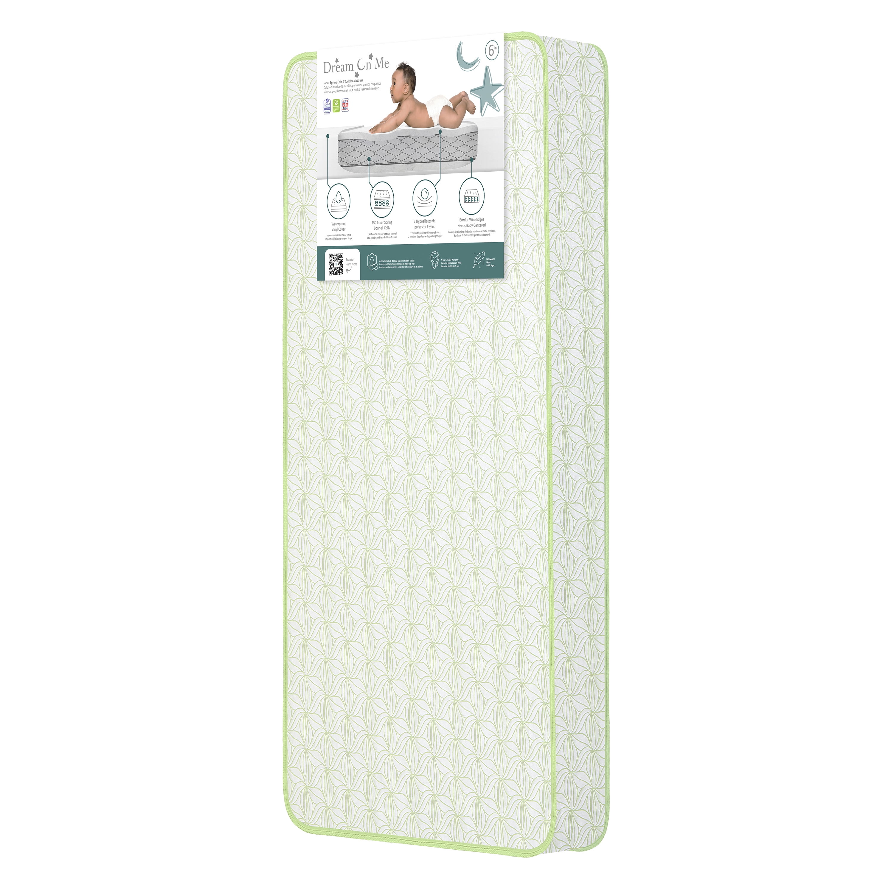 Dream On Me Snug Support 6” 150-Coil Inner Spring Crib & Toddler Mattress | Waterproof Vinyl Cover | Greenguard Gold Certified | Reinforced Edge Support | Green Floral