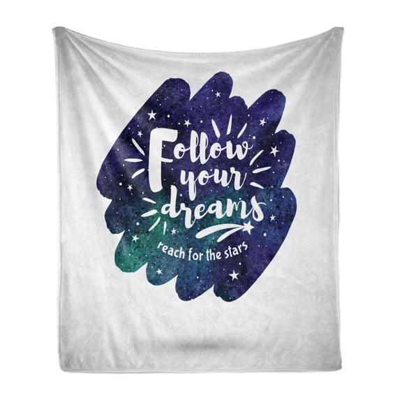 Dream Soft Flannel Fleece Blanket, Cosmic Galactic Watercolor Brush Stroke Shape with an Encouraging Words, Cozy Plush for Indoor and Outdoor Use, 70" x 90", Indigo Sea Green White, by Ambesonne