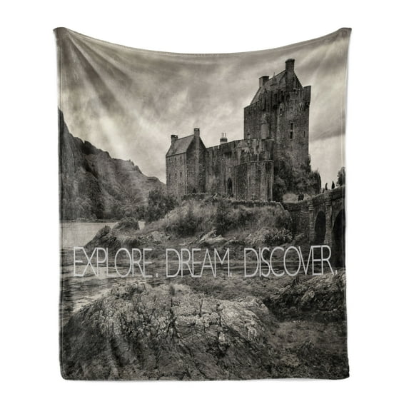 Dream Soft Flannel Fleece Blanket, Explore Dream Discover Slogan on Eilean Donan Castle Highlands Scotland, Cozy Plush for Indoor and Outdoor Use, 70" x 90", Dark Taupe and Pale Grey, by Ambesonne