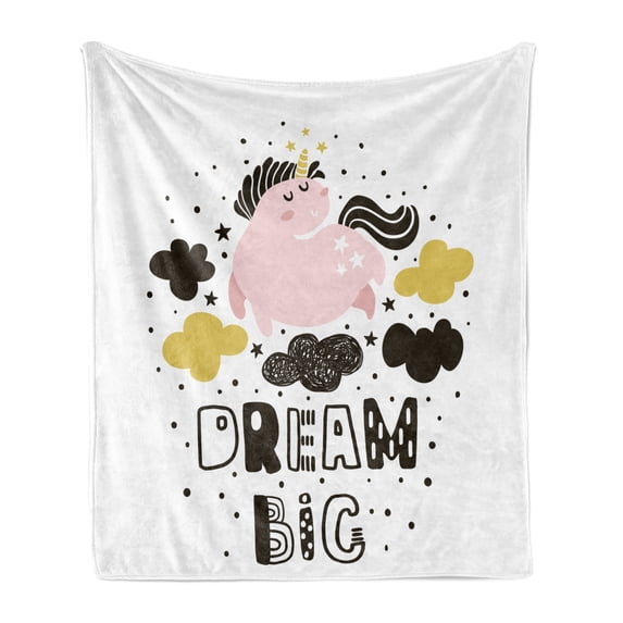 Dream Soft Flannel Fleece Blanket, Unicorn in the Sky with Stars and Clouds and Hand Drawn Dream Big Words, Cozy Plush for Indoor and Outdoor Use, 70" x 90", Pink Black Earth Yellow, by Ambesonne