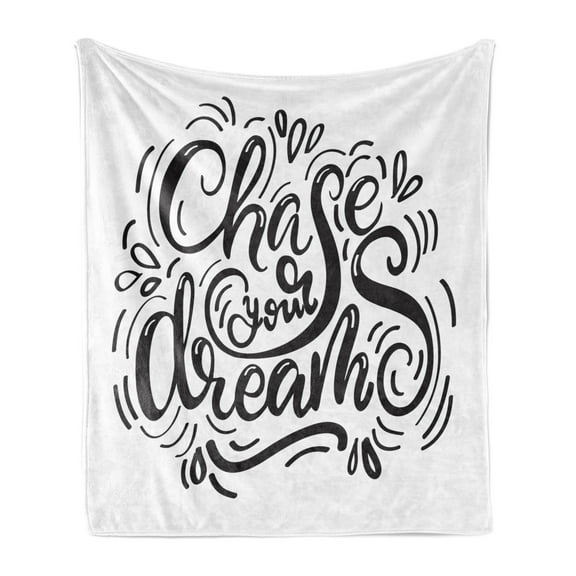 Dream Soft Flannel Fleece Throw Blanket, Chase Your Dreams Calligraphy Teardrop Shape with Stripes Monochrome, Cozy Plush for Indoor and Outdoor Use, 50" x 60", Black and White, by Ambesonne