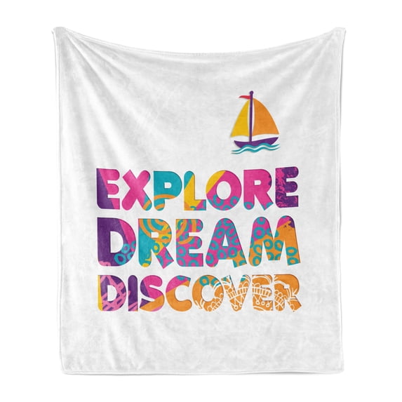 Dream Soft Flannel Fleece Throw Blanket, Explore Dream and Discover Words Summer Vacation Theme with a Boat Motif Tropical, Cozy Plush for Indoor and Outdoor Use, 50" x 70", Multicolor, by Ambesonne