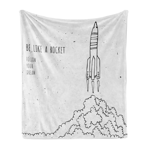 Dream Soft Flannel Fleece Throw Blanket, Words for Dream and Space Lovers Be Like Rocket Follow Your Dreams Art, Cozy Plush for Indoor and Outdoor Use, 50" x 60", White and Black, by Ambesonne