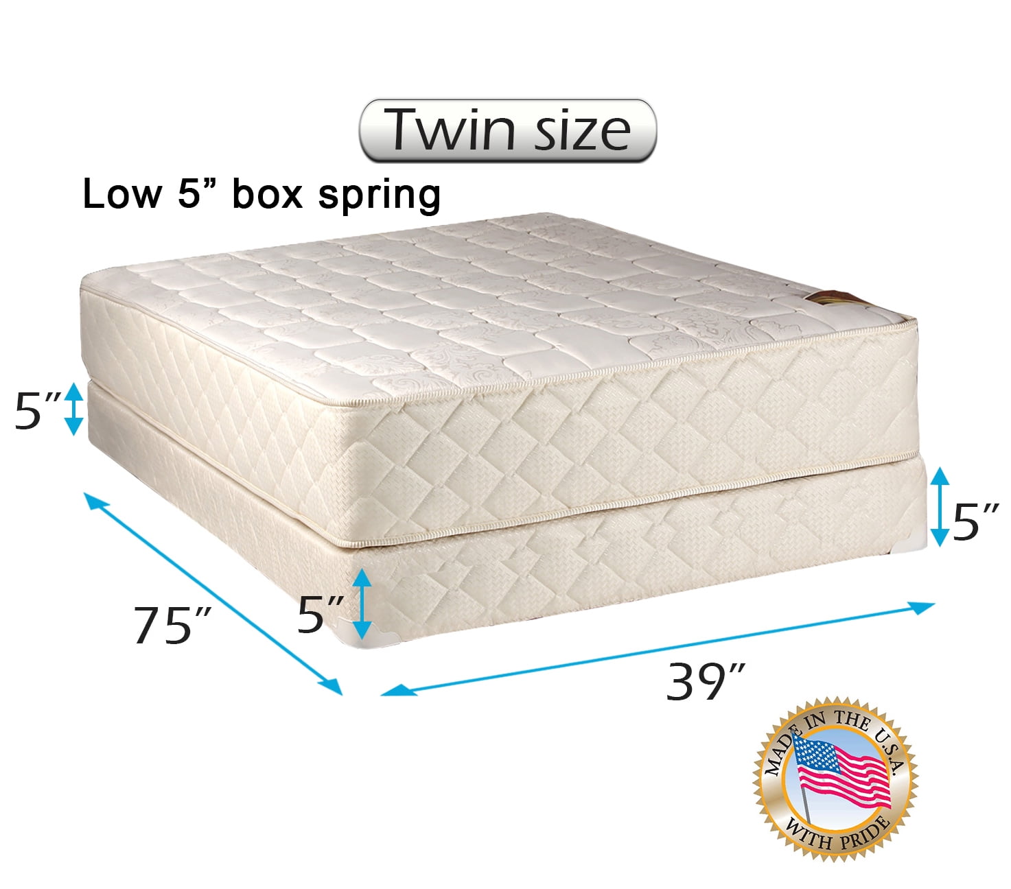 Dream Solutions Grandeur Deluxe Mattress and Low 5" Height Box Spring Set with Mattress Protector Included - Double-Sided Fully Assembled, Orthopedic, Luxury Height, Longlasting (Twin 39"x75"x12")