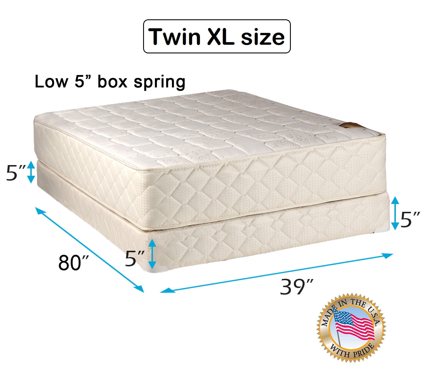 Dream Solutions USA Grandeur Deluxe Twin Extra Long Size (39"x80"x12") Mattress and Low 5" Height Box Spring Set - Fully Assembled, Good for your back, Luxury Height, Long Lasting and 2 Sided