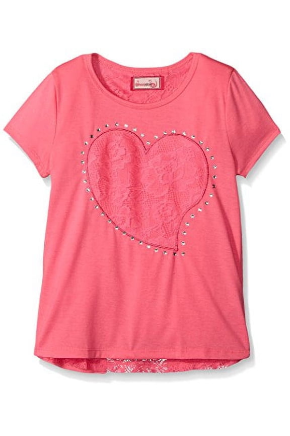 Dream Star Girls' Little S/s Top Heart Applique with Stones and Open Lace V Back, Bright Pink, Large/6