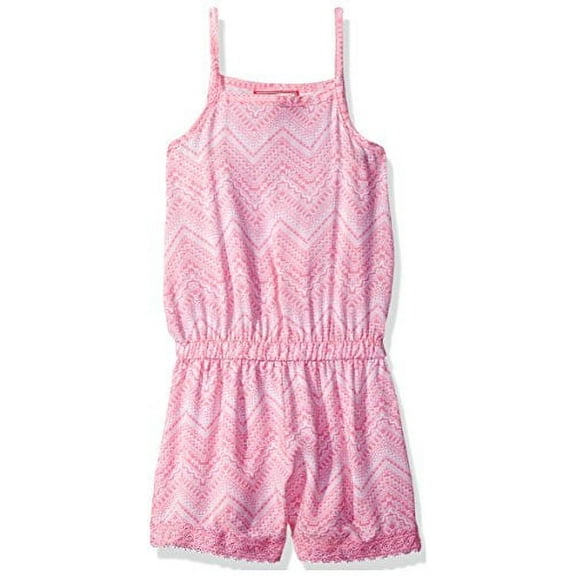 Dream Star Girls' Little Sleeveless Printed Challis Romper with Crochet Trim at Hem, Aurora Pink, S/4