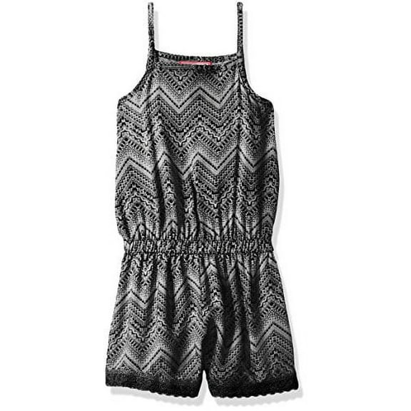 Dream Star Girls' Little Sleeveless Printed Challis Romper with Crochet Trim at Hem, Black, S/4