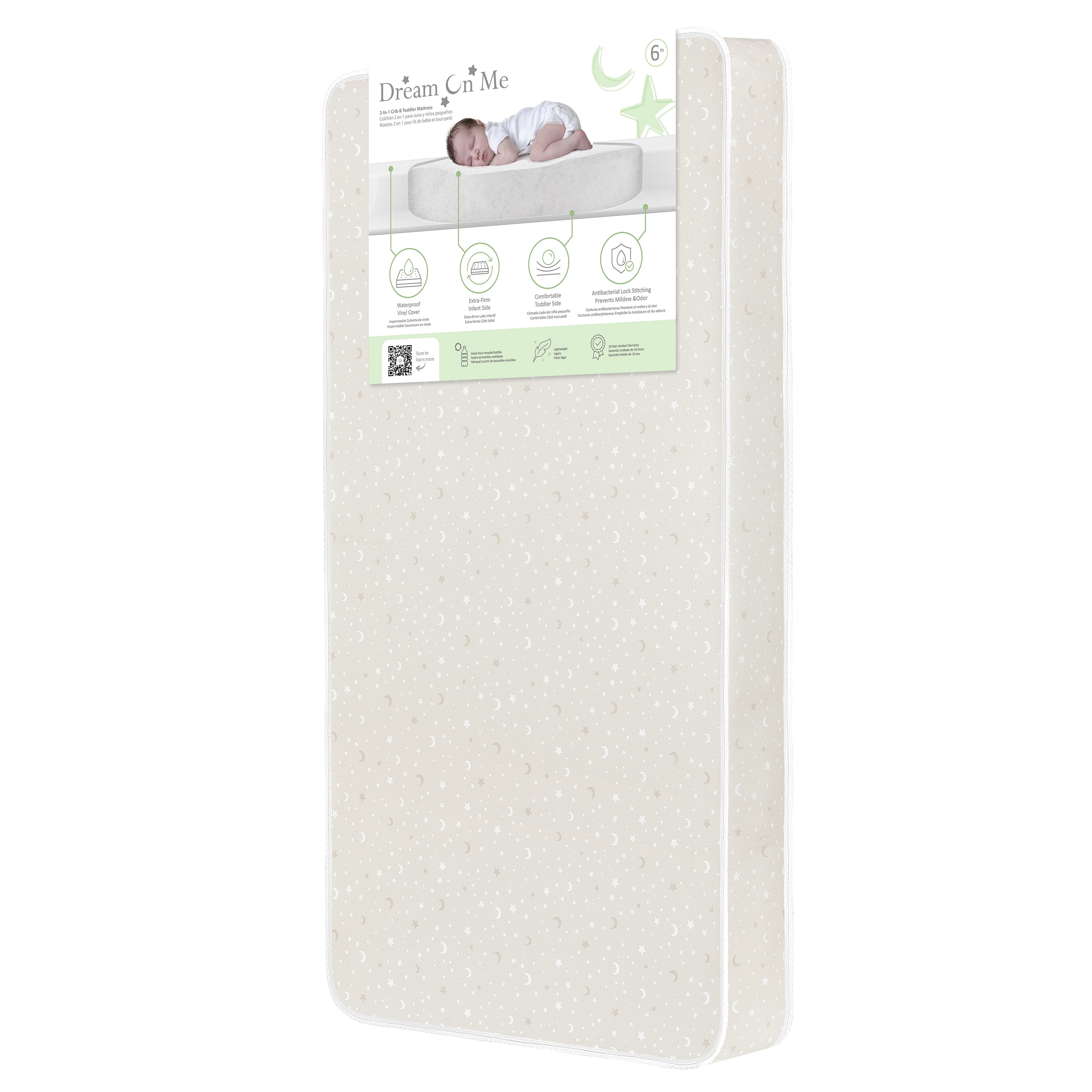 Dream On Me Starbright 6” Firm Fiber Crib & Toddler Mattress | Waterproof Vinyl Cover | Greenguard Gold & JPMA Certified | Lightweight | 10-Year Warranty | Cream And White Stars