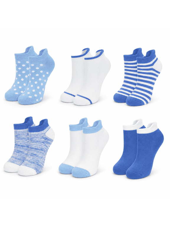 Whisper Soft Girls Socks, Lightweight and Breathable Ankle Socks for Girls, Blue, L, 6 Pack