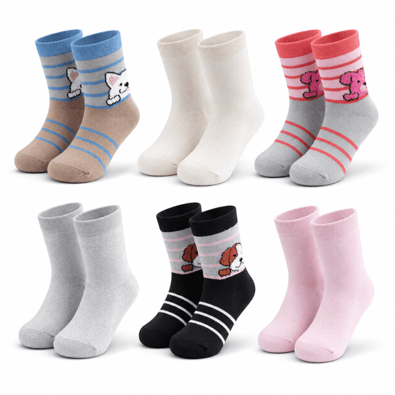 Girls Dream Step Yarn Crew Socks, 6 Pack, Soft Peek A Boo Style Breathable Socks, BLUE, M