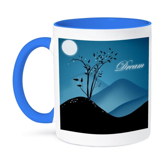 3dRose, Dream, Stylized Silhouette Of Tree On Hill With Moon, 11oz Two-Tone Blue Mug