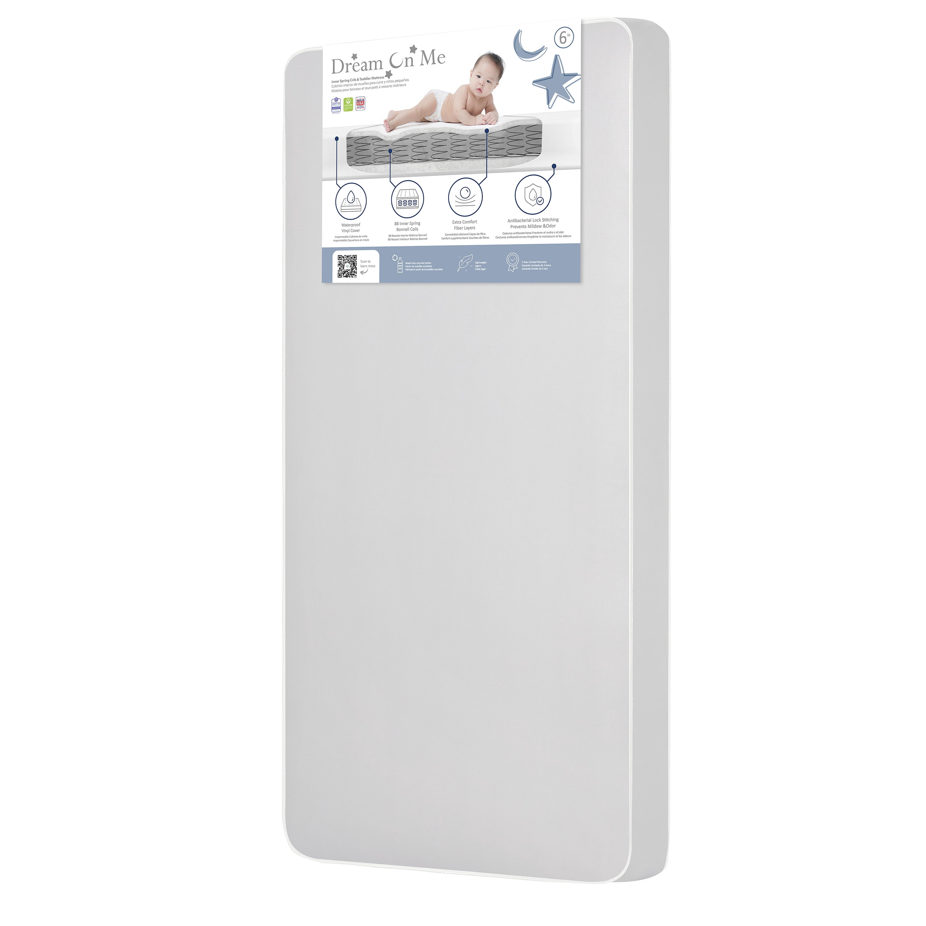 Dream On Me Superior Slumber 6” 112-Coil Inner Spring Crib & Toddler Mattress | Waterproof Vinyl Cover | Greenguard Gold Certified | 10-Year Manufacturer Warranty | Grey