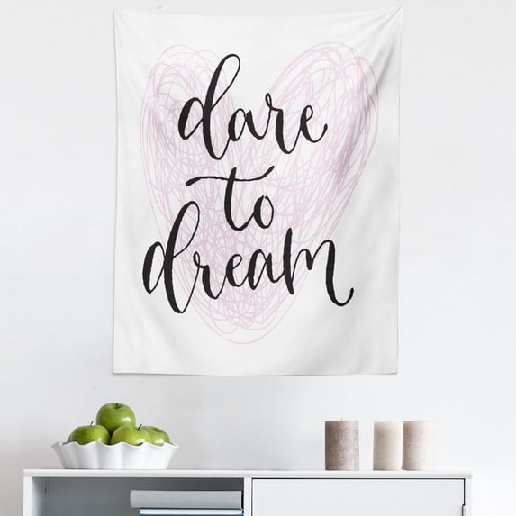 Dream Tapestry, Dare to Dream Words with Hand Drawn Heart Design with Line Pattern, Fabric Wall Hanging Decor for Bedroom Living Room Dorm, 5 Sizes, Pale Pink Black, by Ambesonne