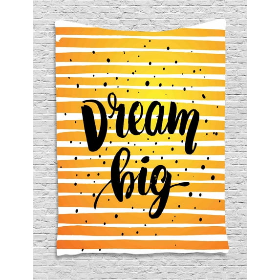 Dream Tapestry, Horizontal Ombre Stripe with Dots Dream Big Lettering Graphic Design, Wall Hanging for Bedroom Living Room Dorm Decor, 40"W X 60"L, Earth Yellow Black Yellow, by Ambesonne