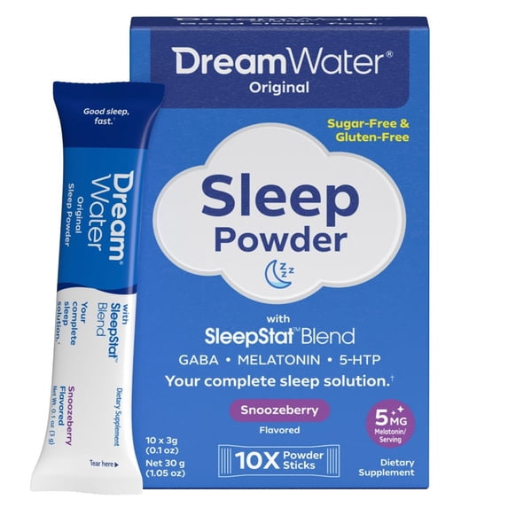 Dream Water Sleep Aid Snoozeberry Powder Packet W/ 5mg Melatonin, GABA, 5-HTP, 10-Count