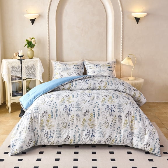 3-Piece Floral Comforter Set King Size, Blue and Light Gray Botanical, Soft Microfiber All-Season Bedding for Adults & Teens