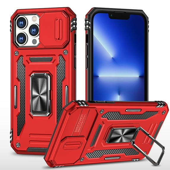 Triumph Rubberized Hybrid Camera Protective Case With Slide-on And Off Camera Protection Cover Rotatable Ring Stand With For Iphone 14 Pro 6.1 - Red